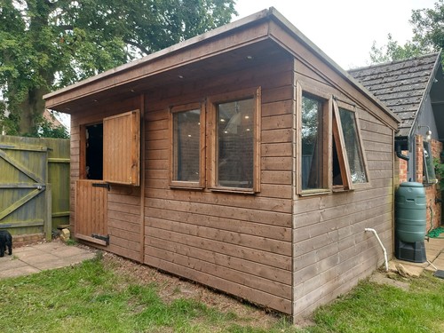 Wooden cabin with pent roof - cabin, roof,